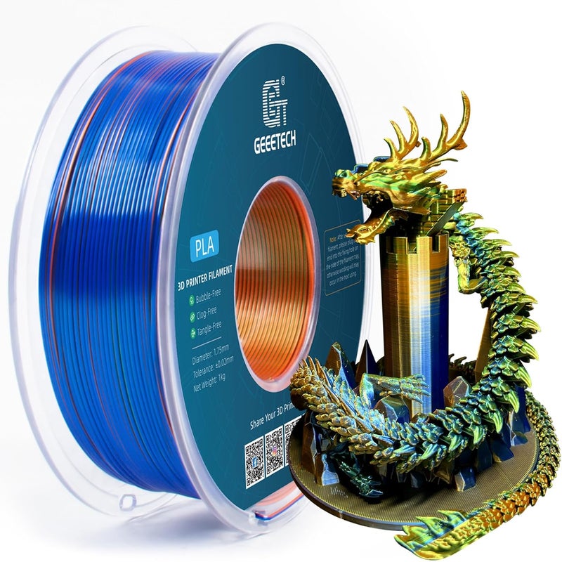 Geeetech خيوط PLA ثلاثية الألوان من نوع 3D Printer Silk، خيوط حريرية لامعة تشبه المعدن بقطر 1.75 مم ووزن 1 كجم (2.2 رطل) ، دقة أبعاد +/- 0.02 مم، ثلاثي الألوان برتقالي أزرق أخضر - Image 1